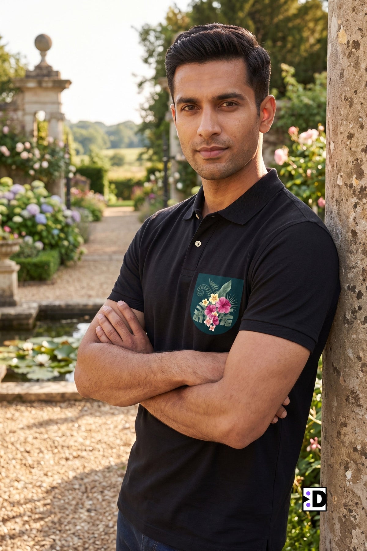 Tropical Floral Black Polo