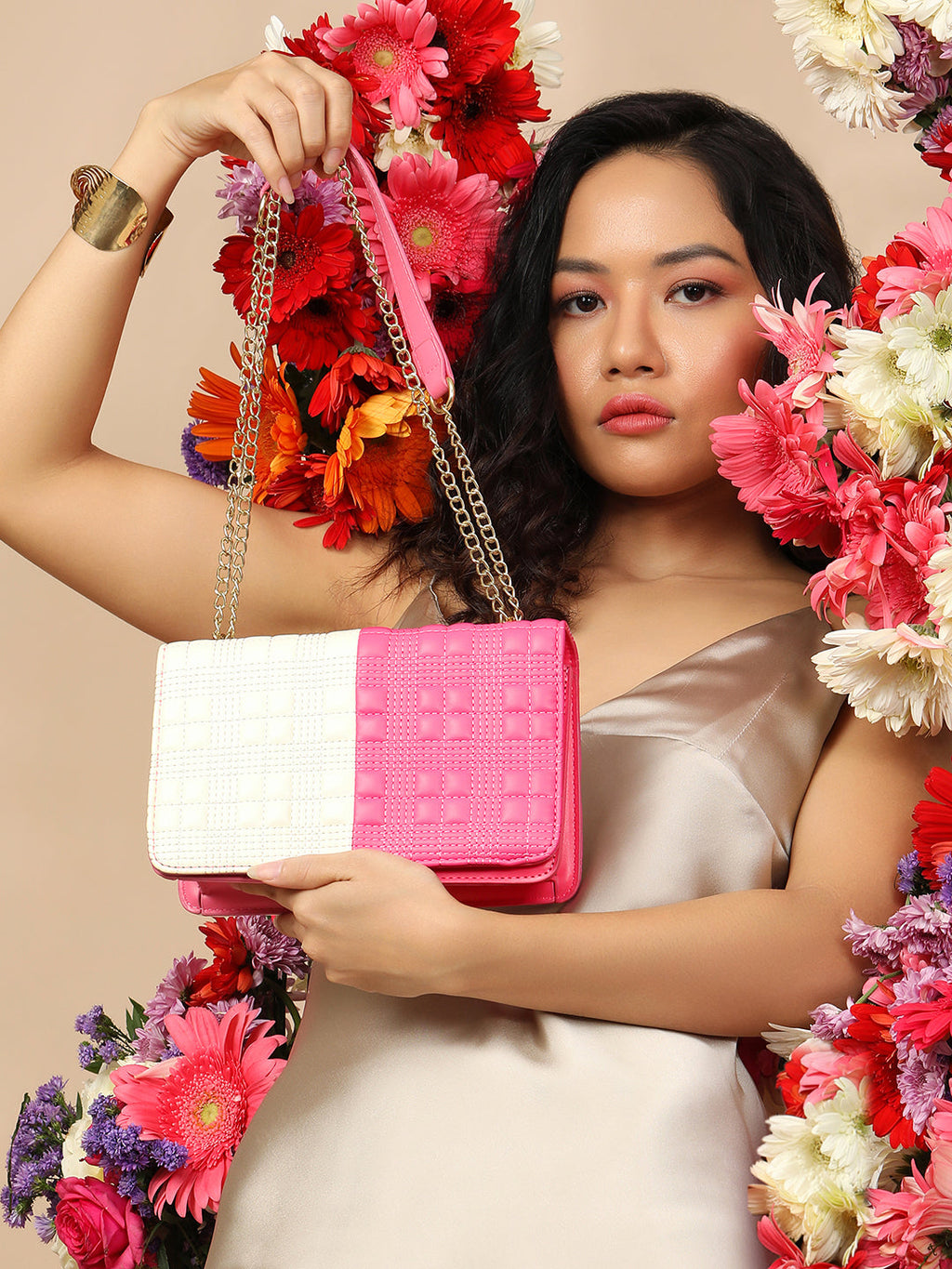 Contrast Flap Sling Bag - White & Pink
