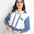 Blue & White Wow! Colourblocked Cropped Hoodie