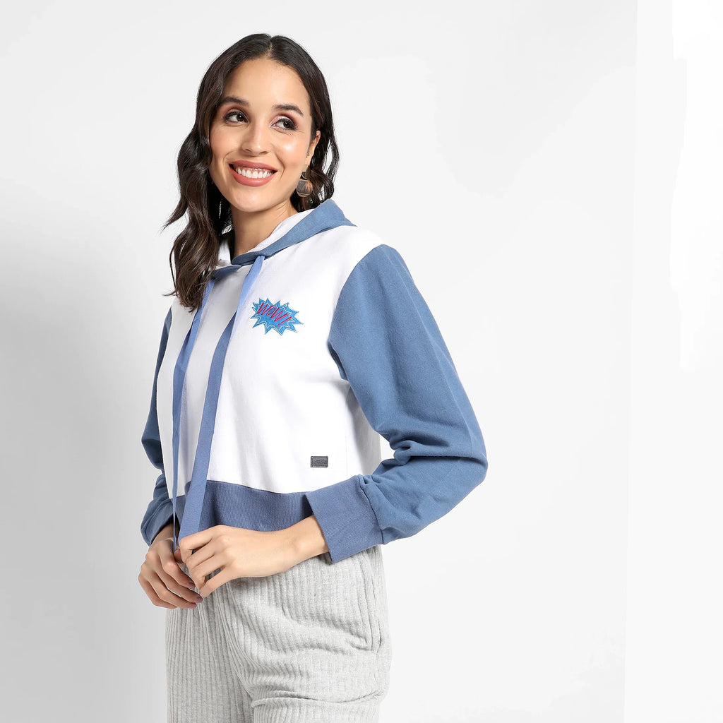 Blue & White Wow! Colourblocked Cropped Hoodie