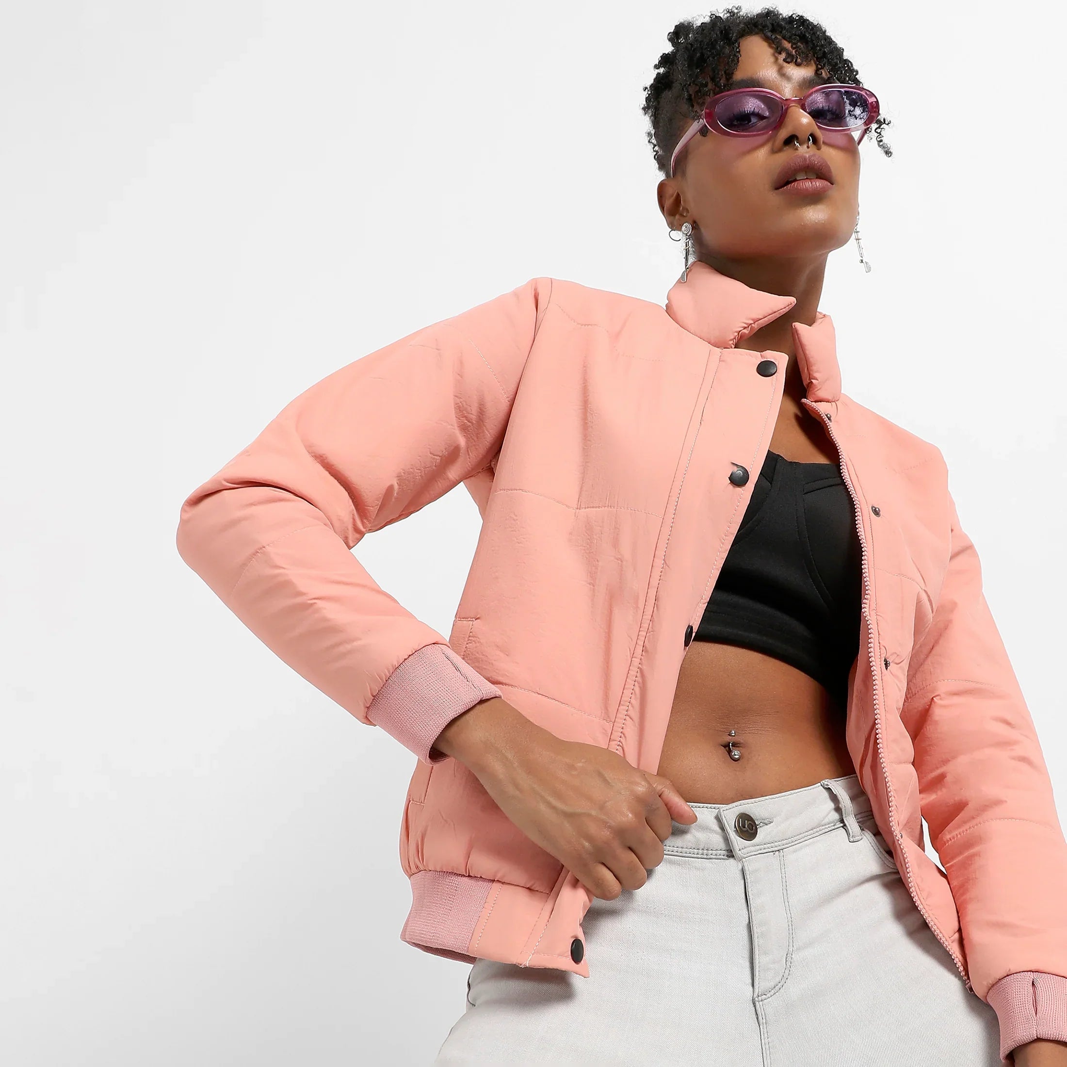 Pink Puffer Jacket With Ribbed Hem