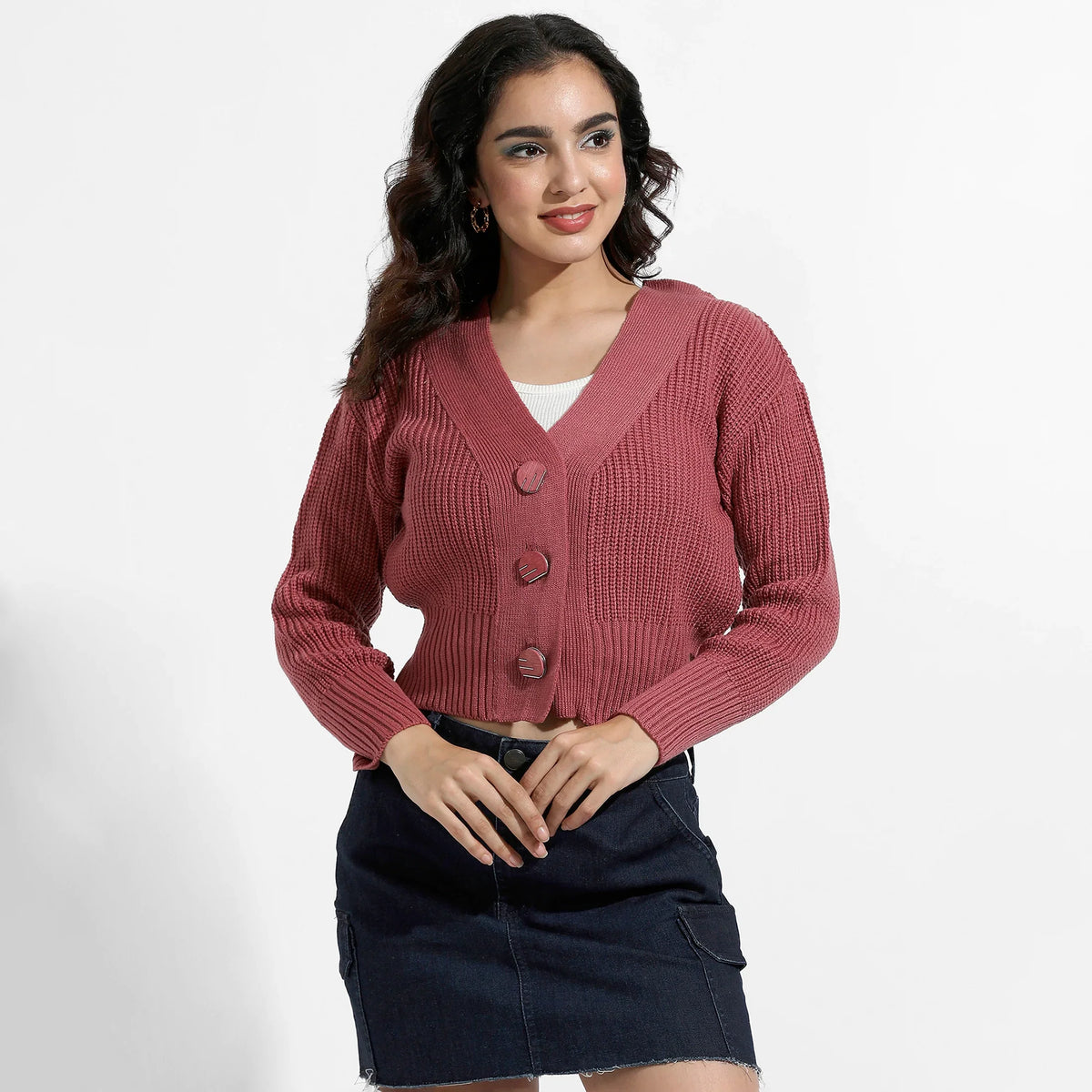 Blush Pink Solid Ribbed Cropped Cardigan
