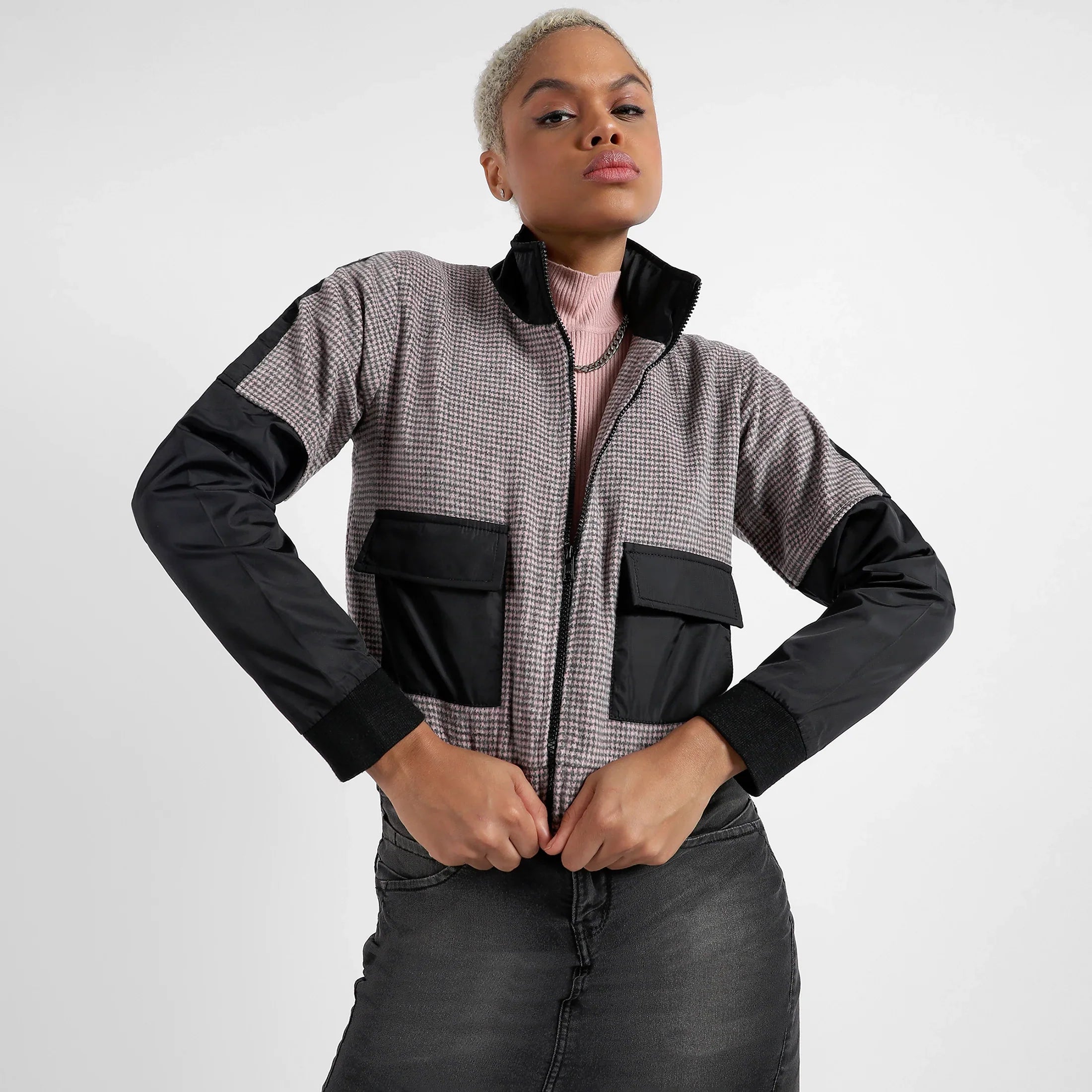 Black & Grey Contrast Houndstooth Jacket