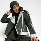 Seaweed Green Fleece Lined Biker Jacket