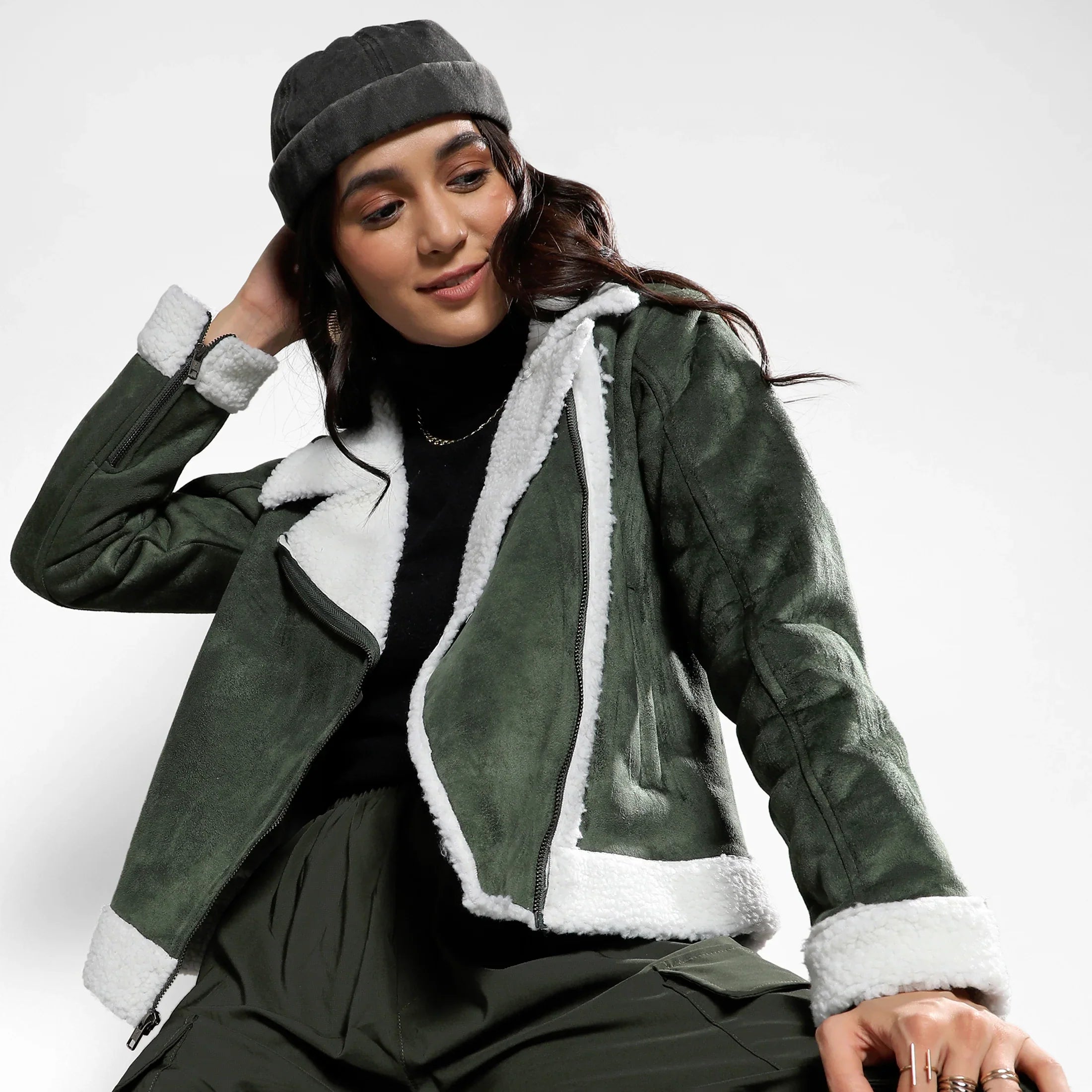 Seaweed Green Fleece Lined Biker Jacket