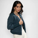 Teal Blue Creased Ripple Quilted Puffer Jacket