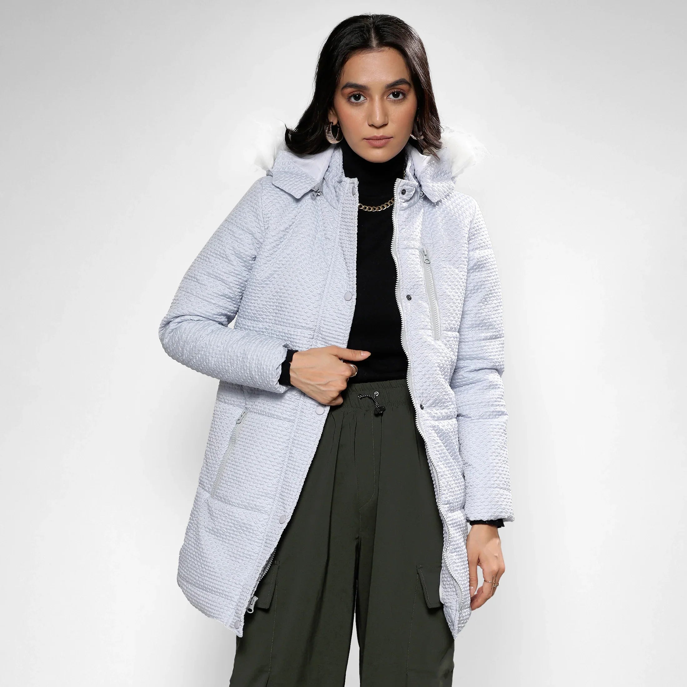 Light Grey Micro Diamond Quilted Puffer Jacket