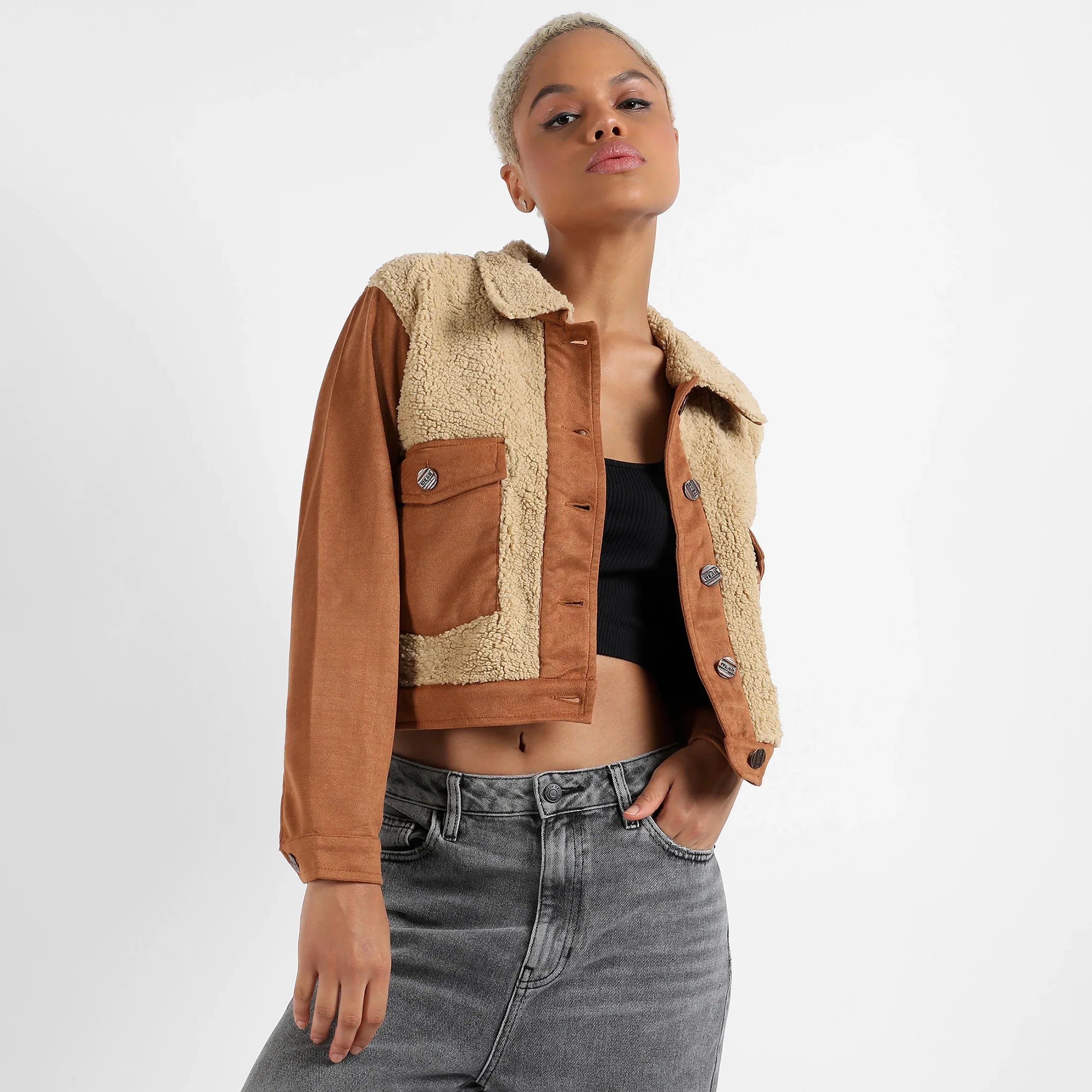 Brown Contrast Sherpa Jacket