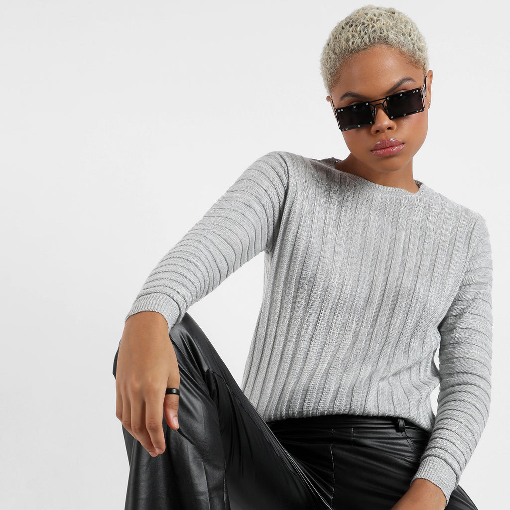 Grey Ribbed Knit Sweater