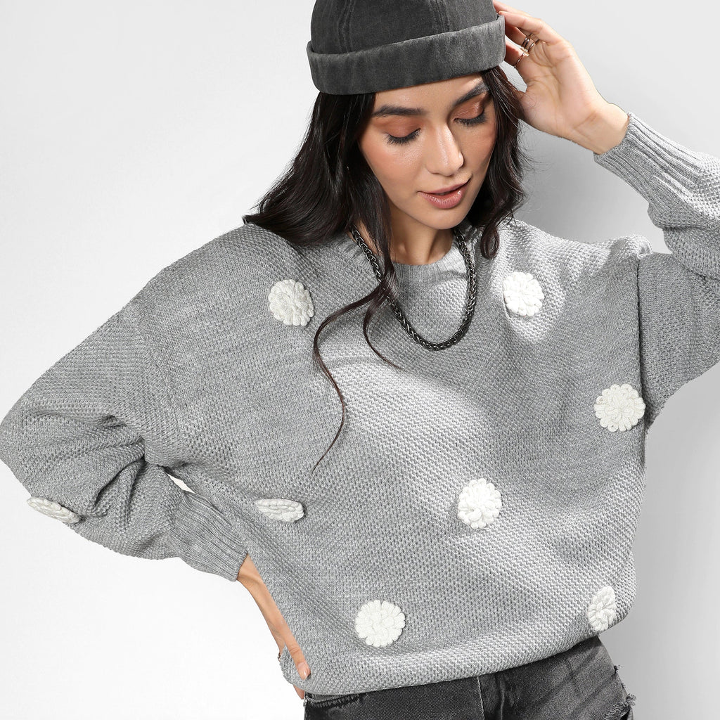 Moon Grey Flower Knit Sweater