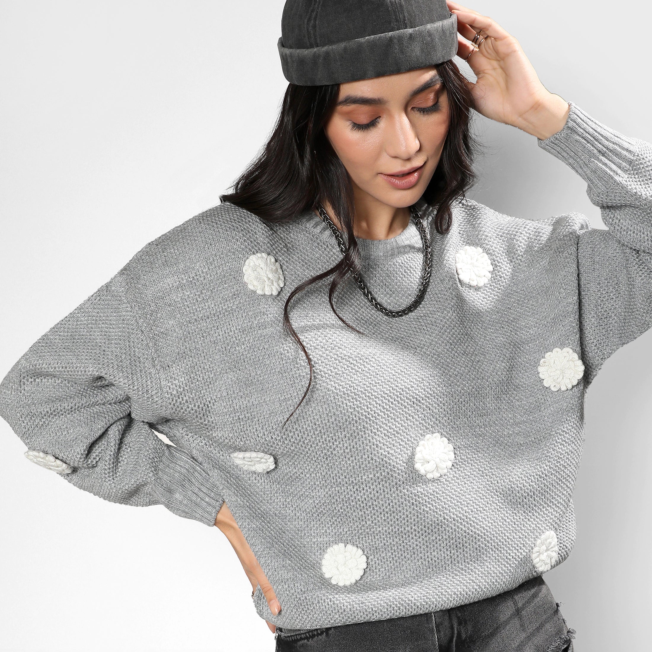 Moon Grey Flower Knit Sweater