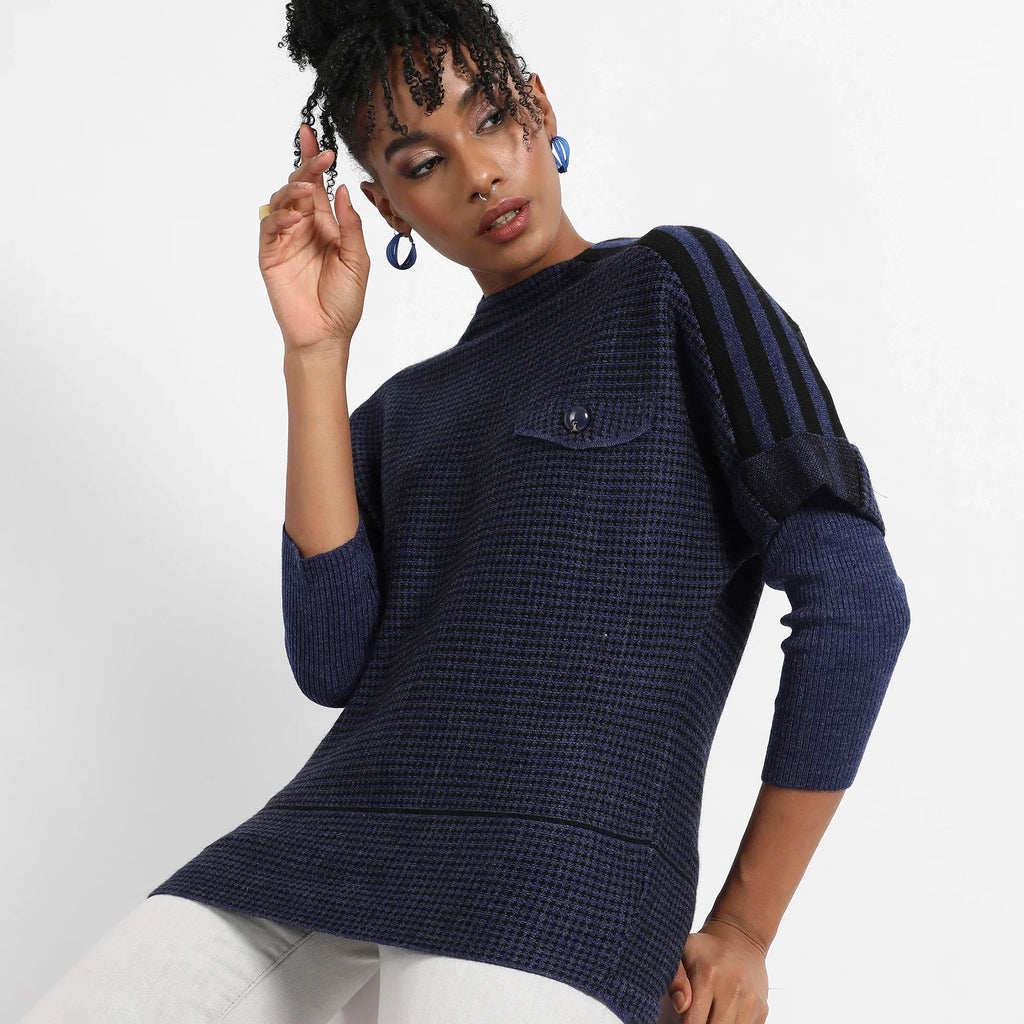 Navy Blue Micro Checkered Sweater With Striped Sleeve