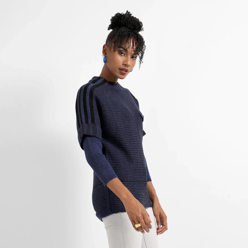 Navy Blue Micro Checkered Sweater With Striped Sleeve