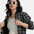 Black Zip-Front Checkered Jacket With Ribbed Hem