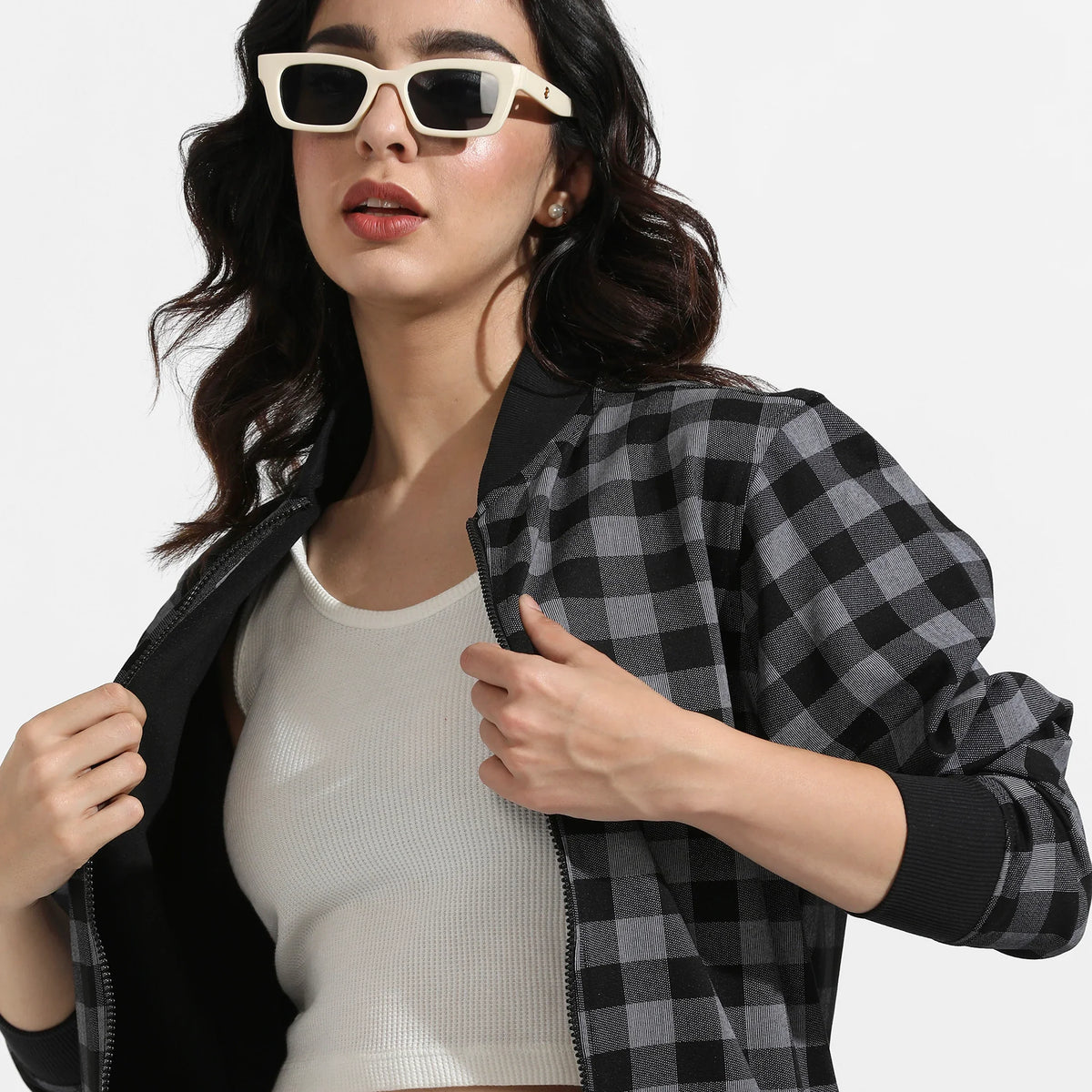 Black Zip-Front Checkered Jacket With Ribbed Hem
