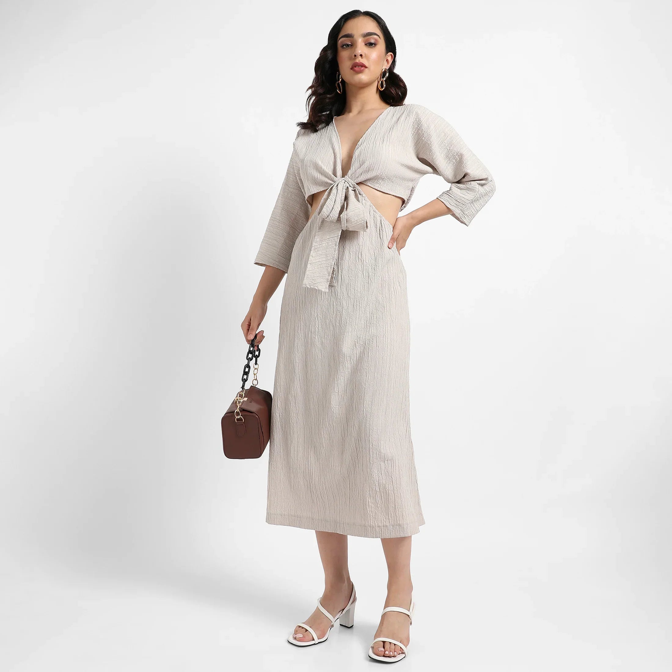 Solid Greige Dress With Tie-Up Cutout Detail