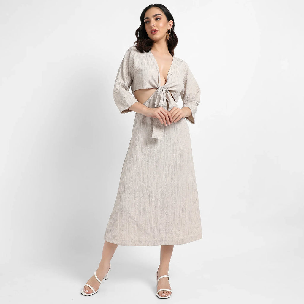 Solid Greige Dress With Tie-Up Cutout Detail
