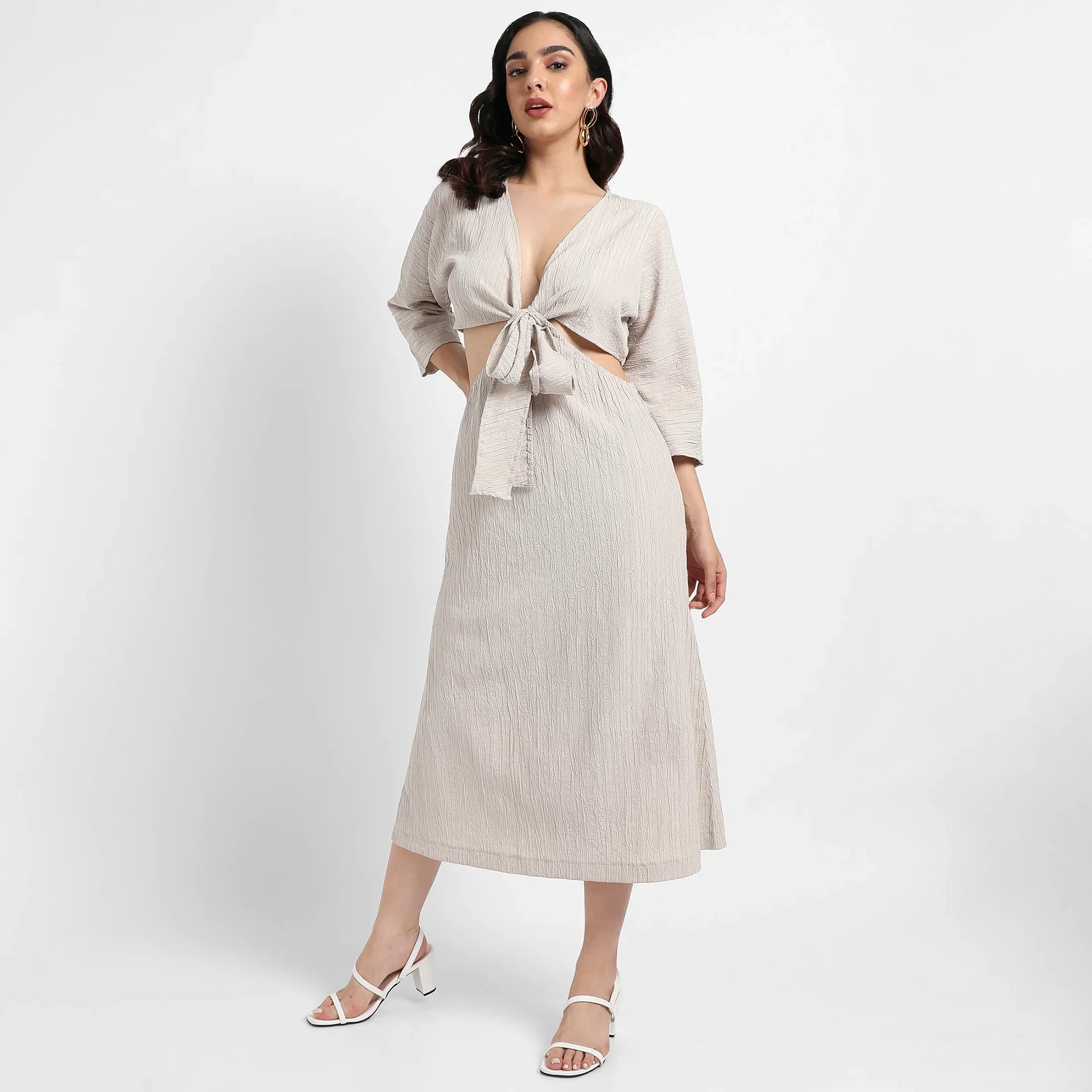 Solid Greige Dress With Tie-Up Cutout Detail