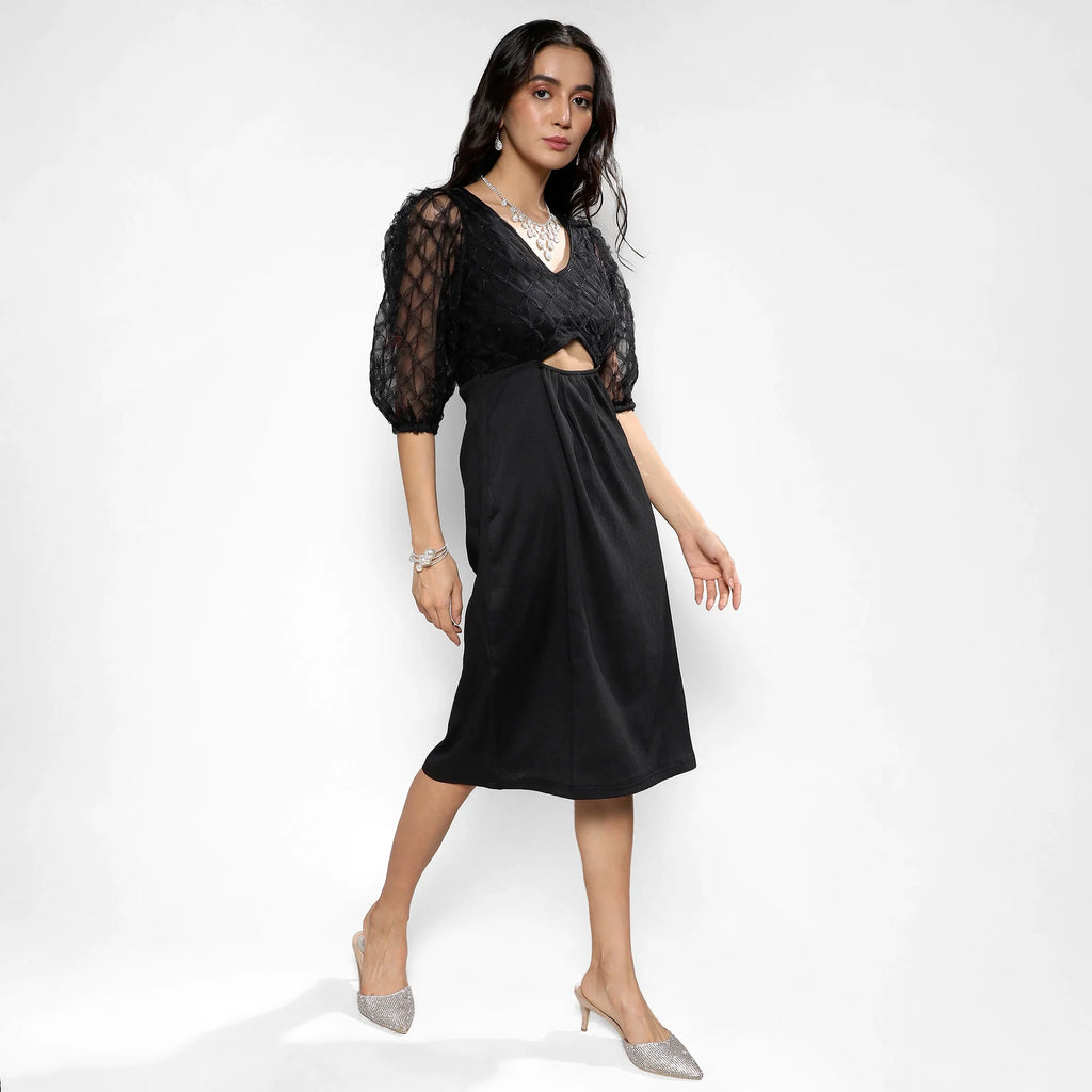 Carbon Black Cut-Out Dress With Sheer Detail