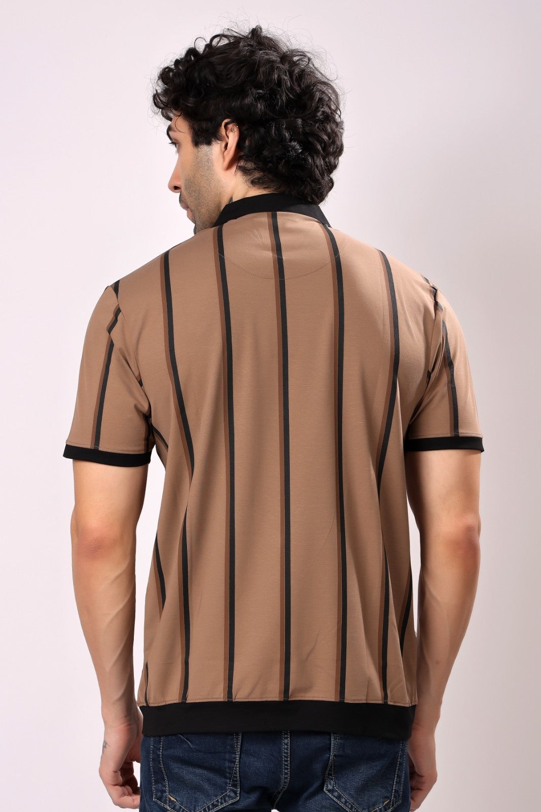 Stylox Men's Slim Fit Half Sleeve Casual Stripes T-Shirt with Zip Closure