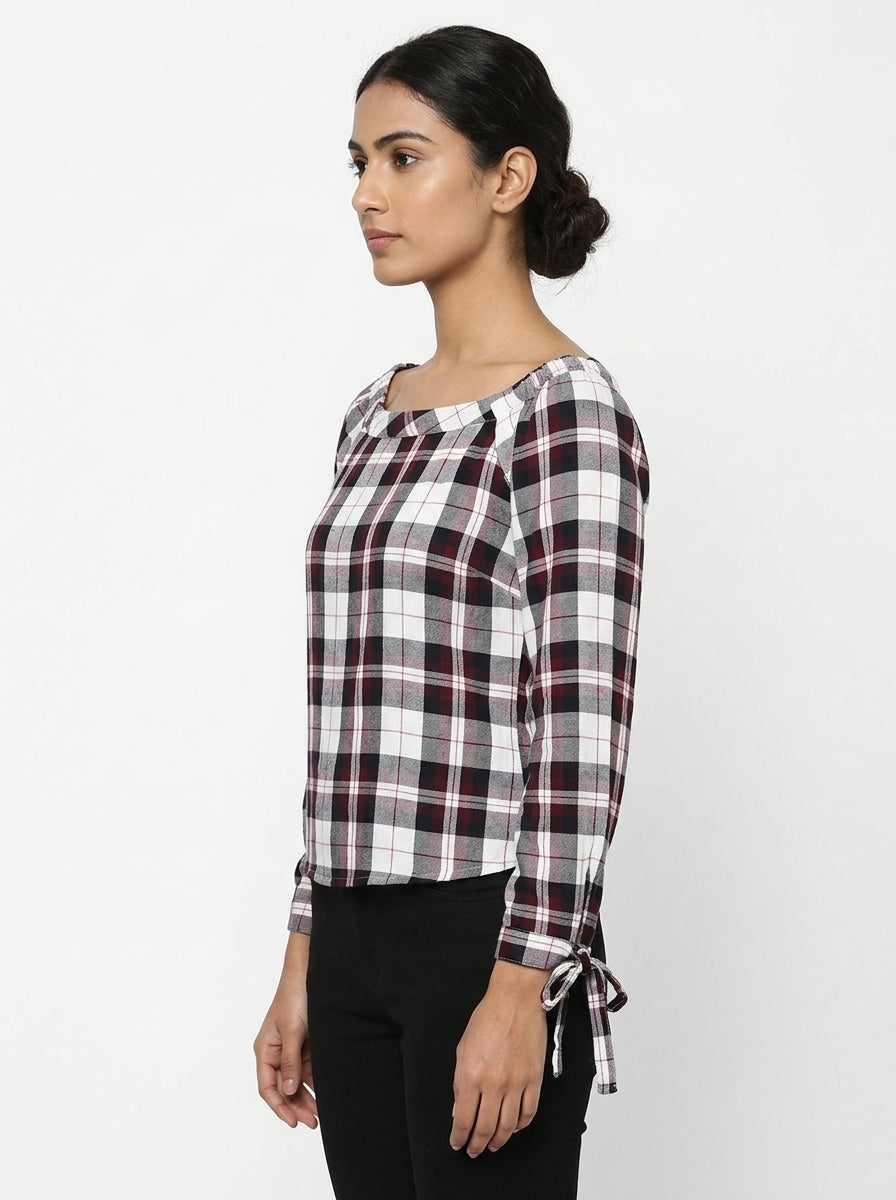 Women's Burgundy Plaid Long Sleeve Casual Top