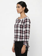 Women's Burgundy Plaid Long Sleeve Casual Top
