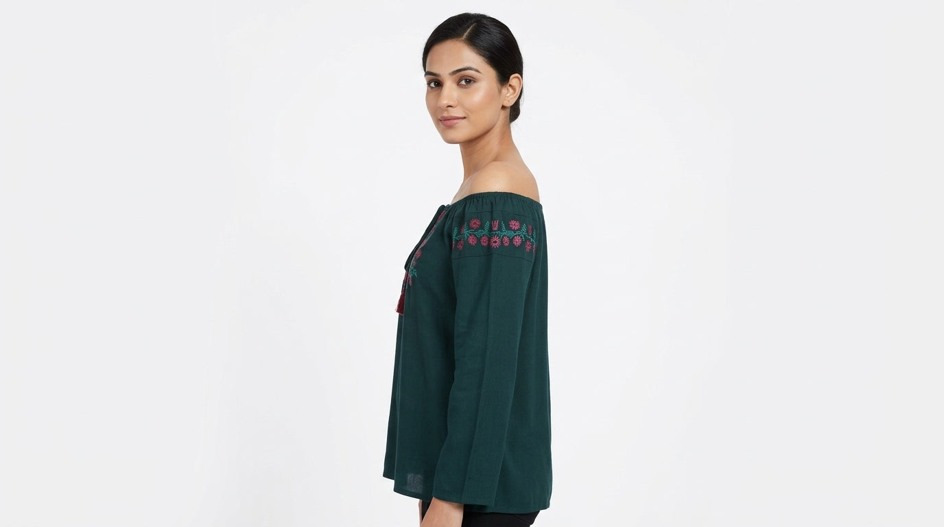 Teal Embroidered Off-Shoulder Tunic Top