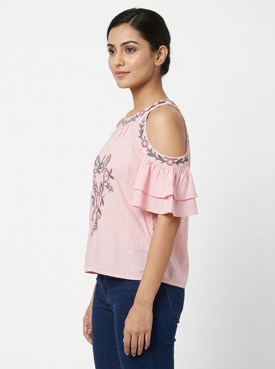 Pink Embroidered Cold Shoulder Top