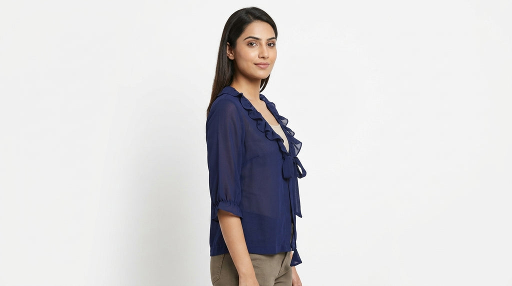 Navy Ruffled Tie-Front Shrug