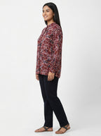 Burgundy Floral Print Long Sleeve Tunic Top