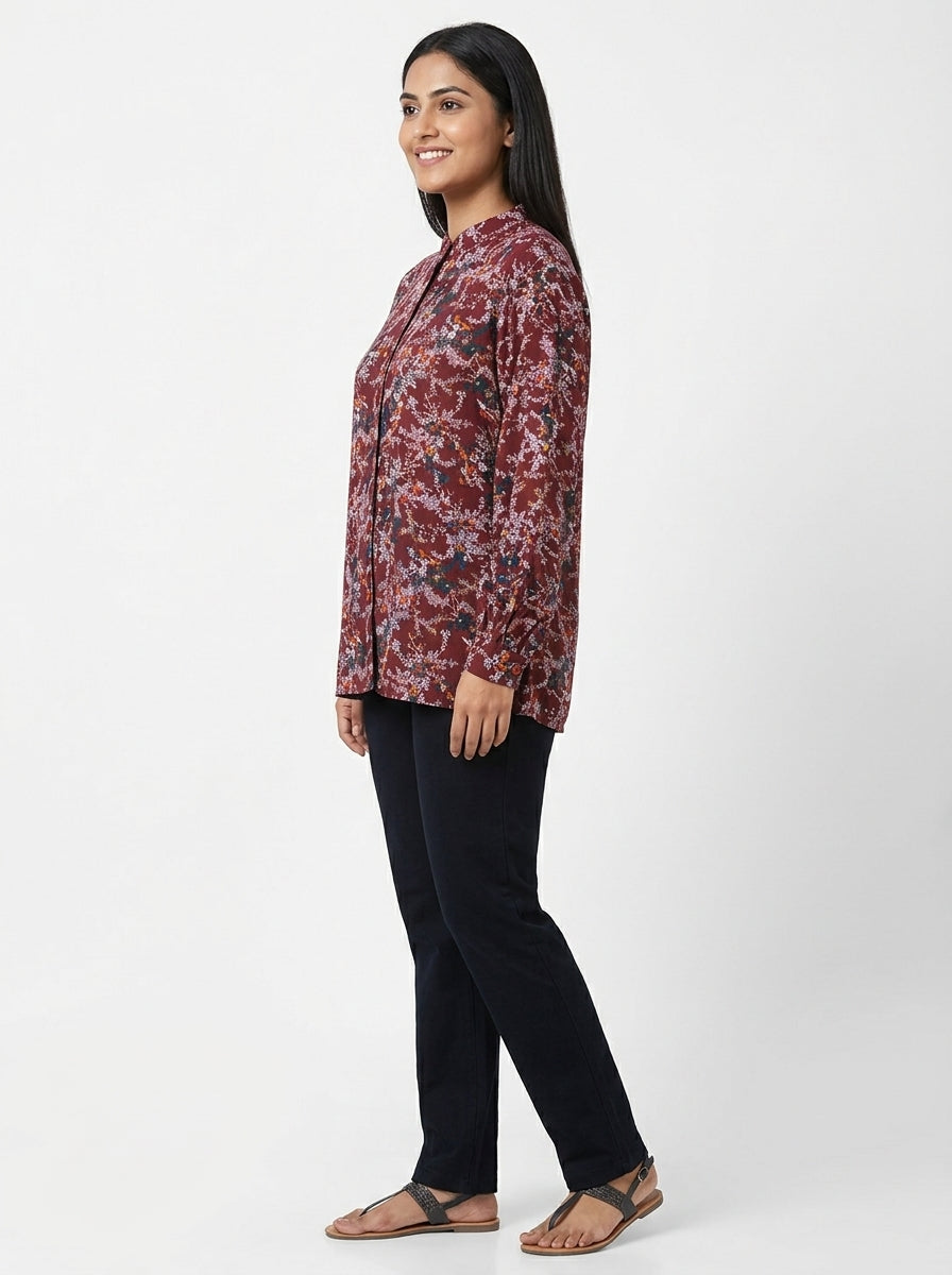 Burgundy Floral Print Long Sleeve Tunic Top