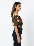 Olive Green Floral Off-Shoulder Crop Top