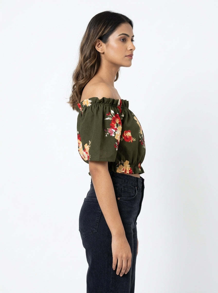 Olive Green Floral Off-Shoulder Crop Top