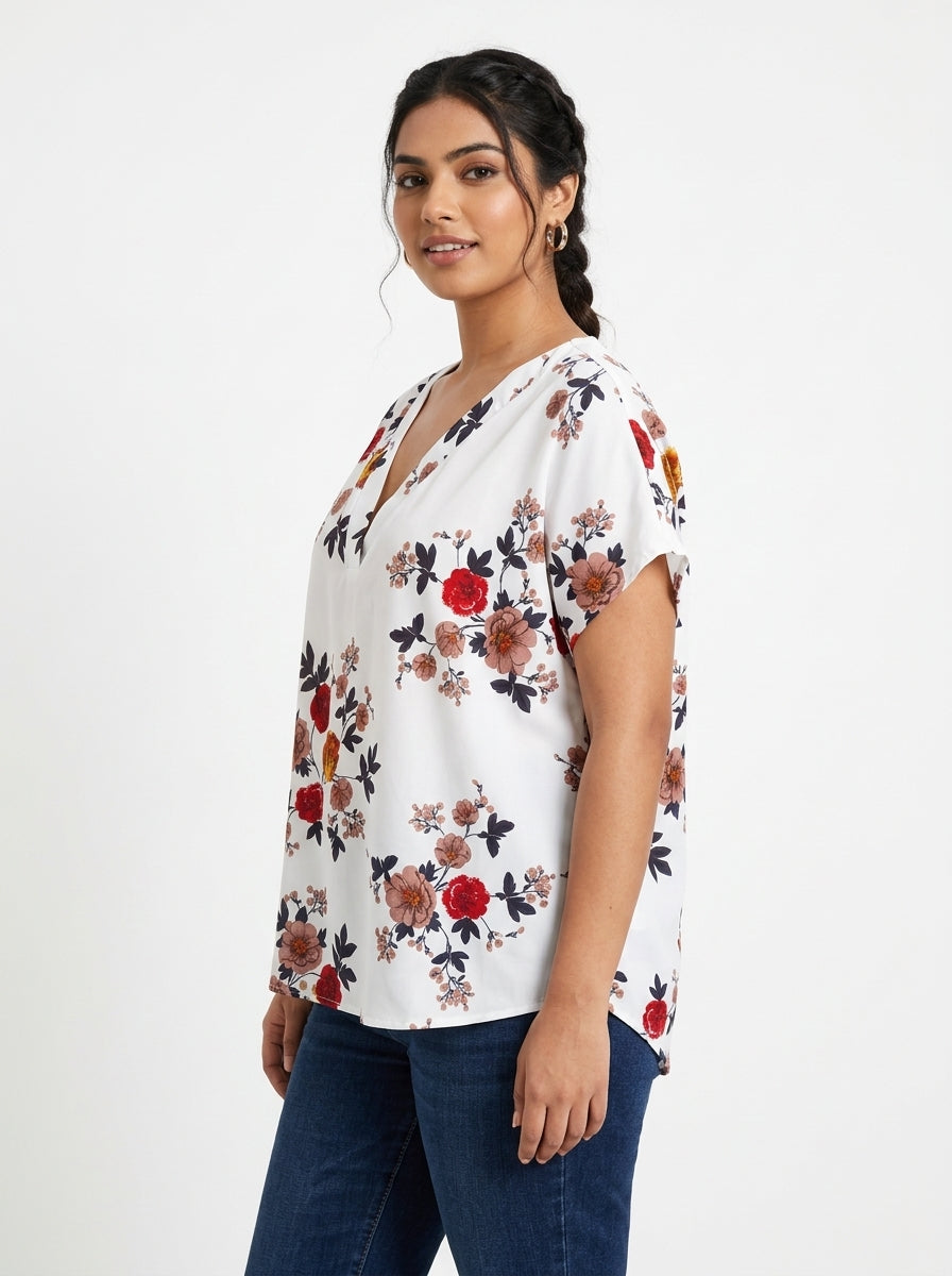 White Floral Print V-Neck Relaxed Fit Top