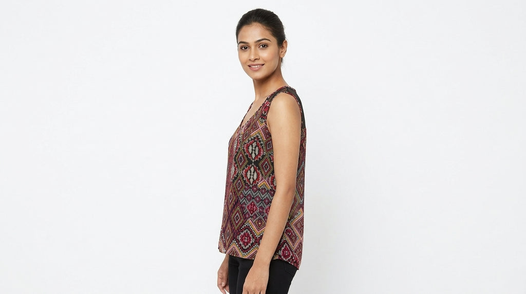 Women's Red Geometric Print Sleeveless Top with Sheer Details