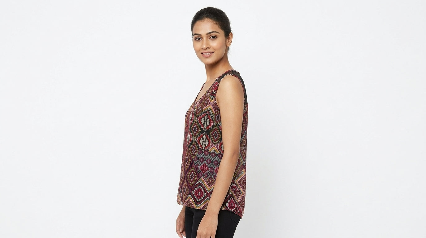 Women's Red Geometric Print Sleeveless Top with Sheer Details