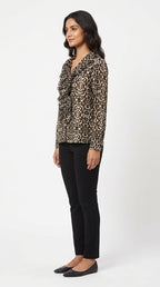 Women's Beige & Black Leopard Print Ruffled Blouse