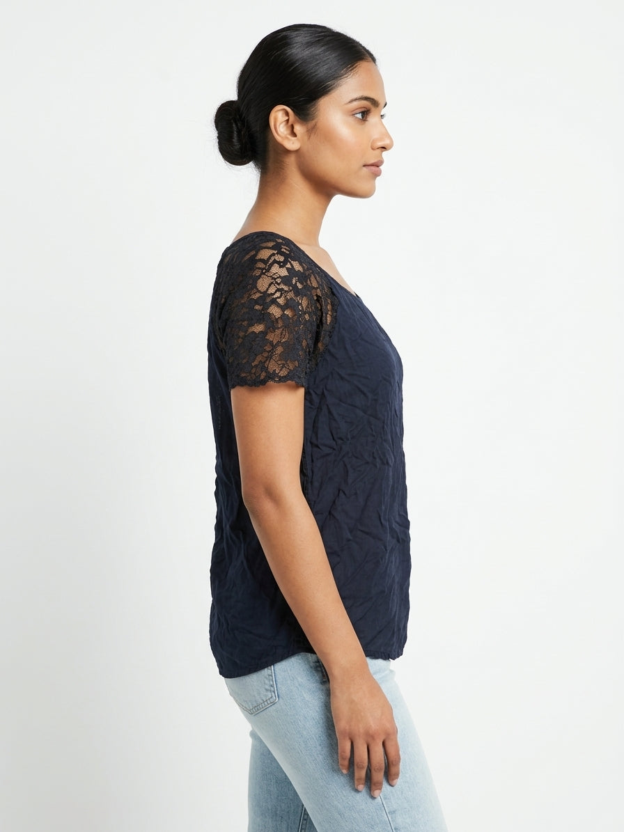 Fashion Village Top Casual Navy Polyester & Viscose