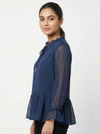 Carlton London Blue Ruffled Long Sleeve Peplum Top
