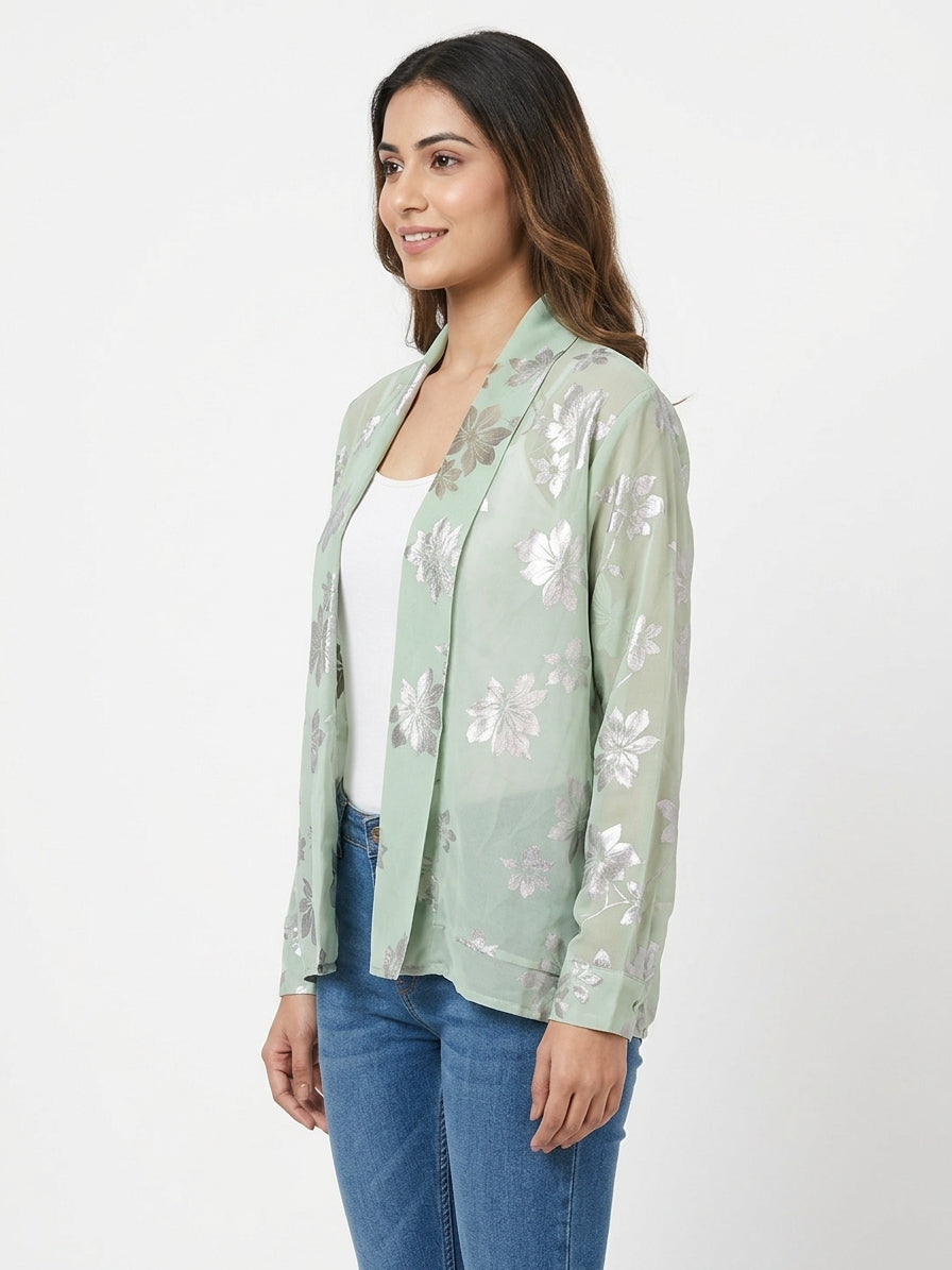 Mint Green Floral Print Open-Front Shrug