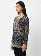 Navy Floral and Paisley Printed V-Neck Casual Top