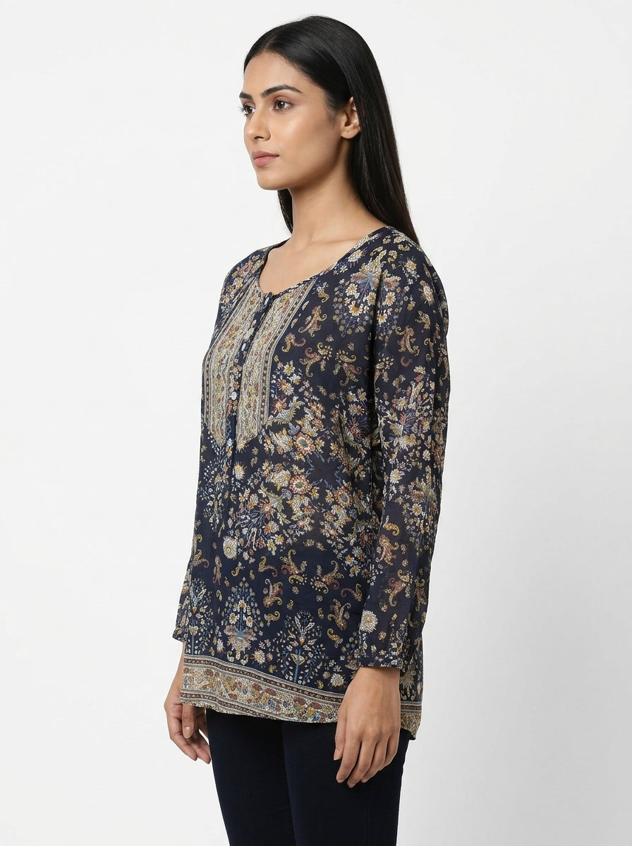 Navy Floral and Paisley Printed V-Neck Casual Top