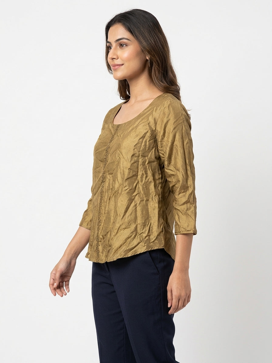 Gold Crinkled Embroidered Tunic Top