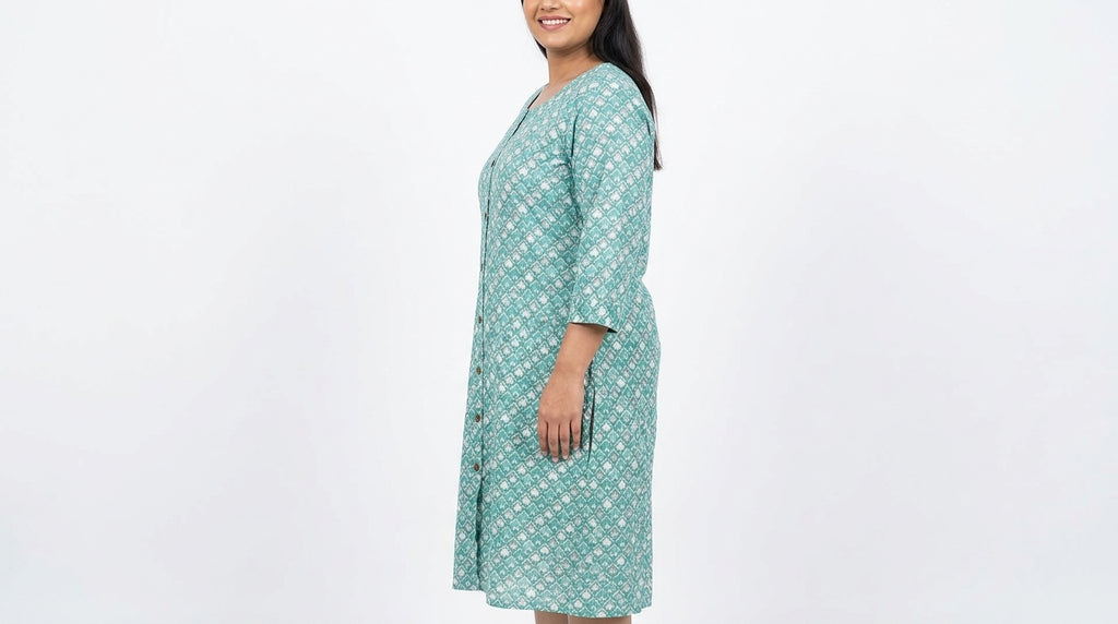 Teal Geometric Print Cotton Kurti