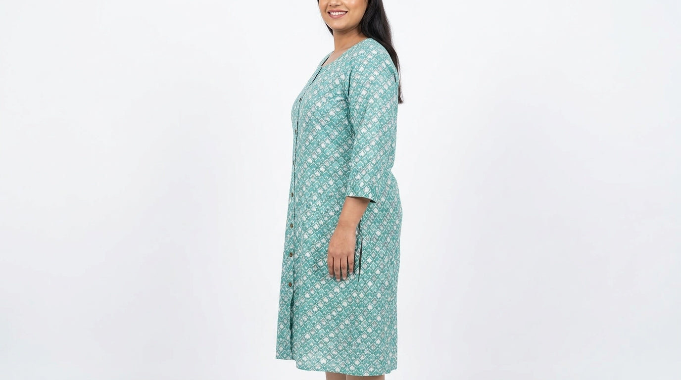 Teal Geometric Print Cotton Kurti