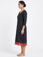 Navy Printed V-Neck Kurti with Red Accents
