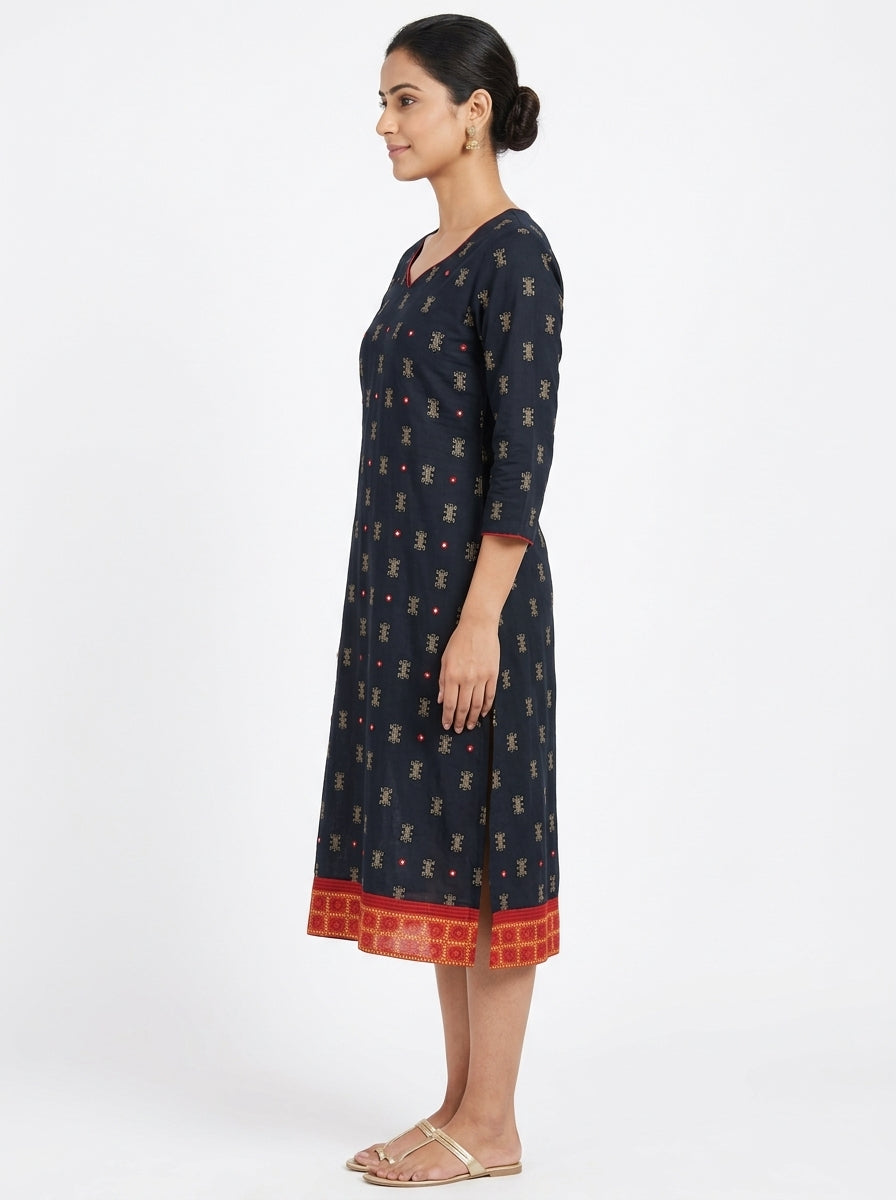 Navy Printed V-Neck Kurti with Red Accents