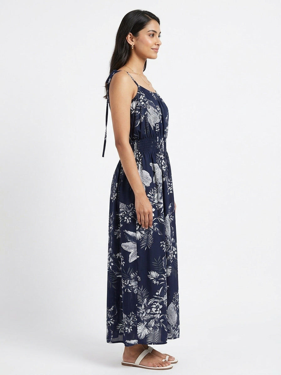 Navy Floral Print Sleeveless Maxi Dress