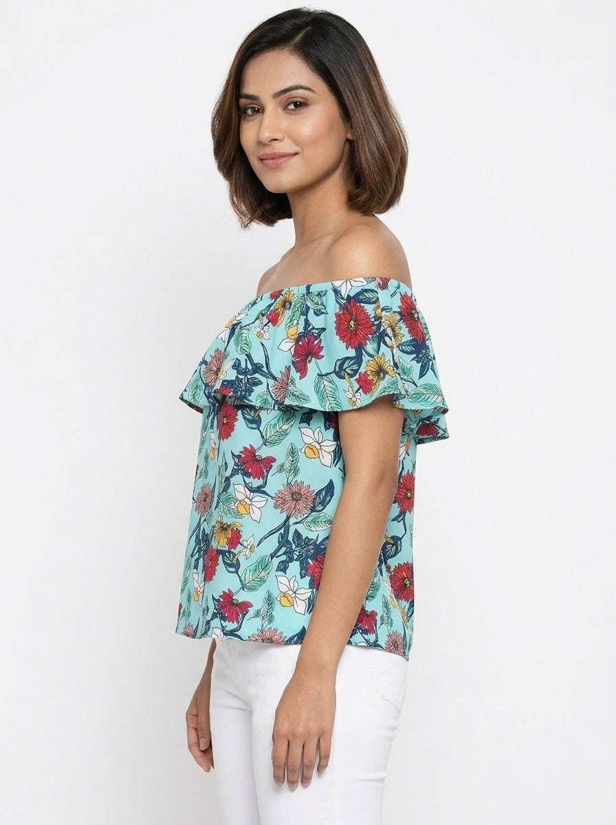 Women's Turquoise Floral Off-Shoulder Top