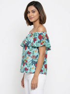 Women's Turquoise Floral Off-Shoulder Top
